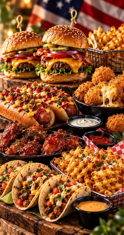Sliders, hot dogs, wings, mini tacos and waffle fries
